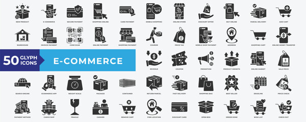 E-commerce icon set with new product, secure payment, shopping online, card payment, mobile shopping, online store, discount offer, buy online, parcel delivery, add cart, warehouse and best seller
