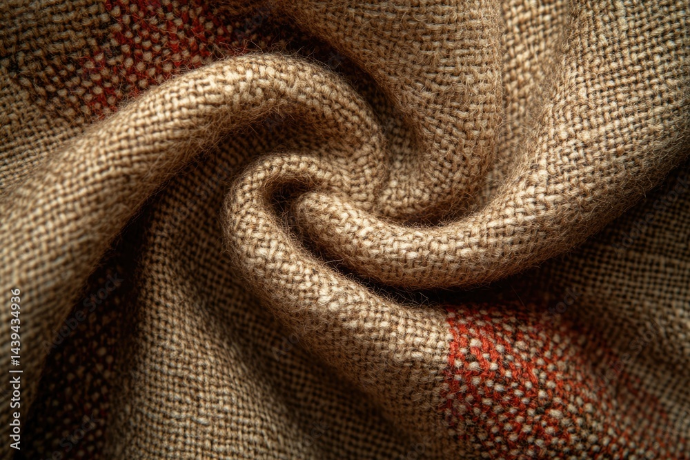 Poster close-up of textured beige fabric with reddish-brown stripes, showcasing its woven pattern and soft 
