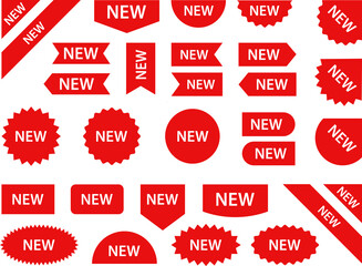 New Red Label collection. Sale tags. Shopping Tags. Sale icons Discount red ribbons, banners and icons. Stickers for New Arrival shop product tags, new labels or sale badges and banners sticker