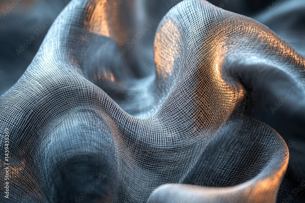 Poster close-up of textured, metallic gray fabric with soft, flowing folds and subtle highlights.
