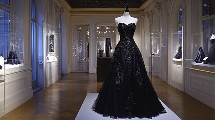 Elegant black gown displayed in museum hall. Fashion exhibit background. Use Fashion, editorial