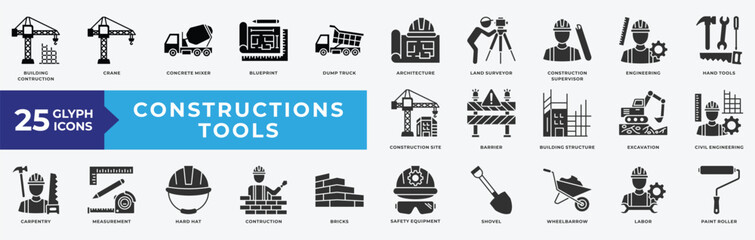 Construction Tools icon set with building construction, crane, concrete mixer, architecture, supervisor, engineering, hand tools, construction site, structure, civil engineering and construction