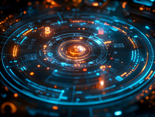 Fototapeta premium Abstract circular technology design with glowing blue and orange lights data streams and intricate details