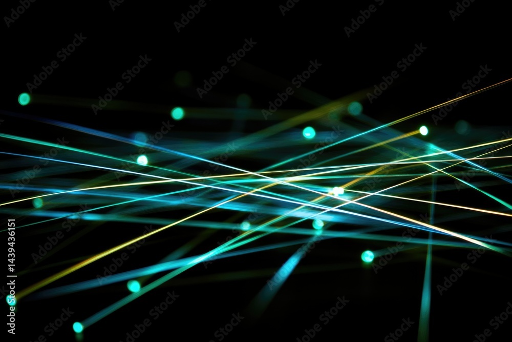 Aufkleber Abstract image of intersecting teal and gold light trails with glowing dots on a transparent background.