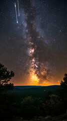 Fototapeta premium Milky Way streaks across a dark sky over a forested landscape