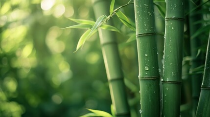 Green bamboo stalks with fresh leaves and water droplets visible