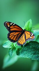 Fototapeta premium Monarch butterfly on mint, garden background, nature beauty, wallpaper
