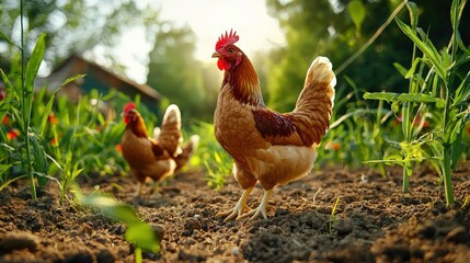 Fototapeta premium A majestic brown hen stands proudly in a lush garden with two other hens near a rustic farmhouse at sunset providing a picturesque rural scene.