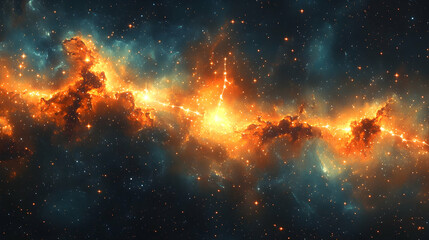 Fototapeta premium A cosmic landscape shows a glowing nebula with orange and blue clouds against a backdrop of twinkling stars