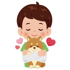 愛犬を抱く男の子