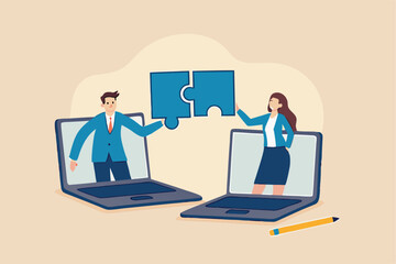 Remote work collaboration or partnership, work from home or distant to get business solution together, online conference meeting concept, businessman and woman coworker solve jigsaw puzzle together.