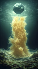 Celestial body floats above golden cloud illuminating the depths of the ocean with ethereal glow