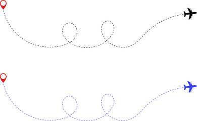 Route icon - two points with dotted path and location pin. Route location icon two pin sign and dotted line. Travel icon. Travel from start point and dotted line tracing.