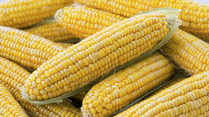 Fresh corn cobs with bright yellow kernels stacked together, showcasing their natural beauty and freshness
