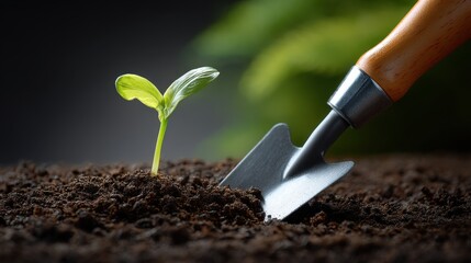 Vibrant Green Seedling Emerges from Dark Soil with Garden Tool