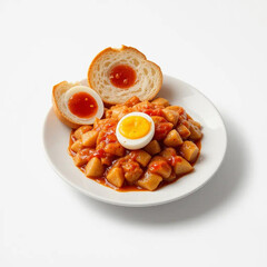 Potato Stew with Egg and Bread on White Plate
