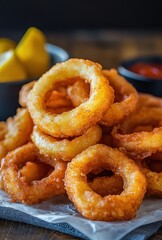 Golden Crispy Onion Rings Served on a Plate with Dipping Sauce and Fresh Lemon on a Wooden Table Ready for Enjoying Delicious Snack or Appetizer