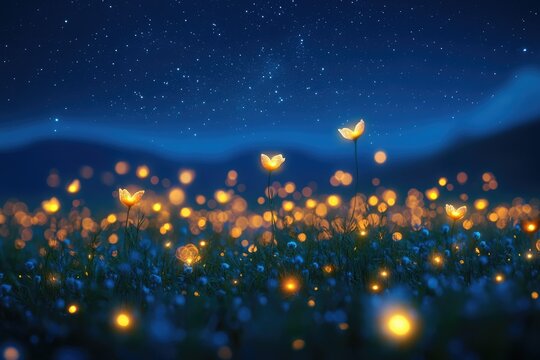 Glowing flowers illuminate a dark field under a starry night sky, creating a magical, dreamy atmosphere.