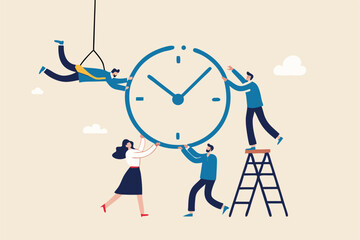 Time management or project management to control team to complete tasks or strategic planner to manage resources to complete work in deadline, businessman and woman help combine clock timer pieces.