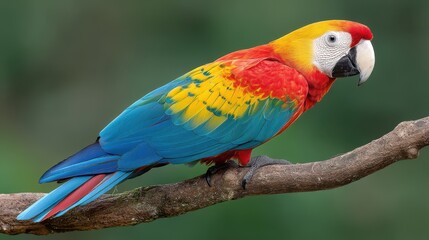 Fototapeta premium Vibrant Scarlet Macaw Perched on Branch in Lush Green Environment