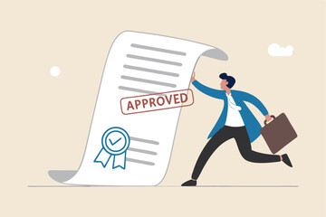 Document approved, business paperwork approval with rubber stamp and signature sign, request accept or legal certified document concept, happy businessman with document paperwork with approved stamp.
