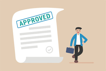 Document approved, business paperwork approval with rubber stamp and signature sign, request accept or legal certified document concept, happy businessman with document paperwork with approved stamp.