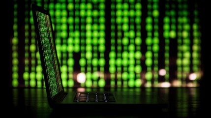 Laptop Displaying Green Code on Dark Background with Matrix Effect