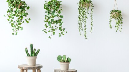 Fototapeta premium Hanging vines and small cacti on wooden stools on white background.
