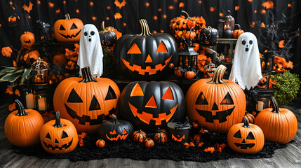 Spooky season decor pumpkins and ghosts line the floor Dark and mysterious background with bats in the back