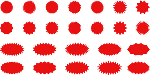 Starburst red sticker set - collection of special offer sale oval and round shaped sunburst labels and badges. Promo stickers with star edges