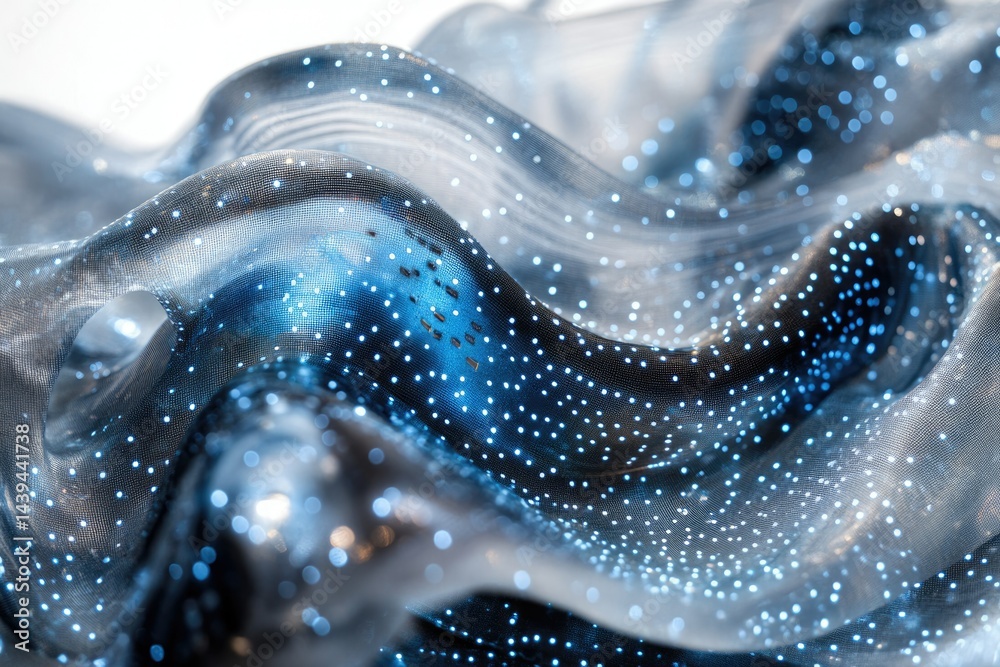 Poster Abstract image of flowing, translucent fabric with embedded blue light dots, suggesting data flow or digital fabric.