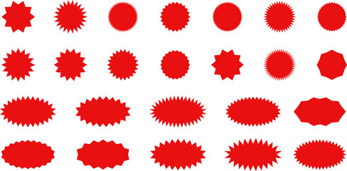 Starburst red sticker set - collection of special offer sale oval and round shaped sunburst labels and badges. Promo stickers with star edges