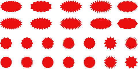 Starburst red sticker set - collection of special offer sale oval and round shaped sunburst labels and badges. Promo stickers with star edges