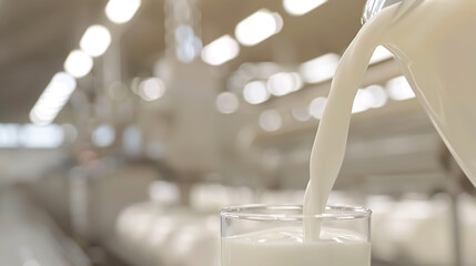 Milk is being poured from a container into a clear glass on a metallic surface. The stream of milk creates a smooth, creamy texture, highlighting the freshness and purity of the beverage.