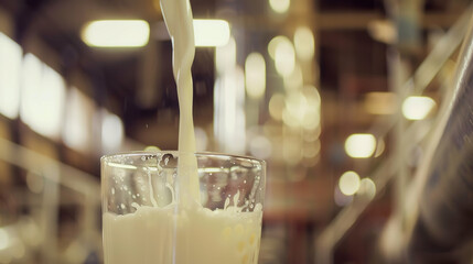 This image showcases a glass being filled with fresh, white milk in what appears to be a dairy production facility. The background is slightly blurred, emphasizing the stream of milk flowing smoothly 