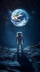 Obraz premium A spacesuit-clad figure stands on a rocky surface with Earth in the background against a starry sky