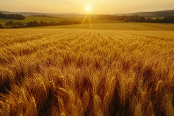 Obraz premium Golden wheat field at sunset, serene landscape, nature's beauty.