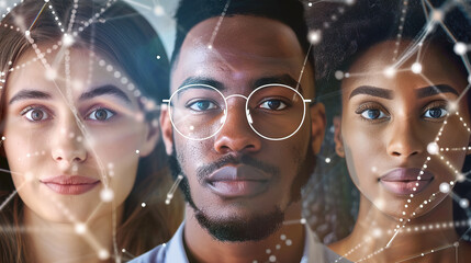 This image features a group of people wearing glasses, with their faces partially overlaid by a digital, futuristic interface. The background is filled with abstract, technological graphics, suggestin
