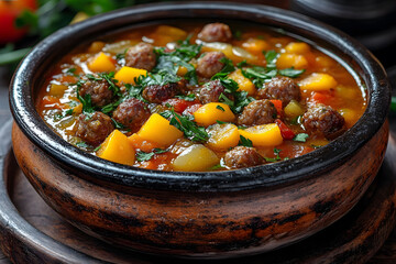 Hearty Beef Meatball Stew in Rustic Wooden Bowl Comfort Food for Autumn Dining
