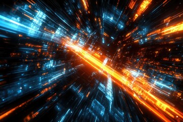 Fototapeta premium Abstract digital cityscape with vibrant orange and blue glowing lines, depicting futuristic technology and data streams.