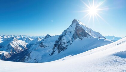 White snow-covered mountain peak, bright sunlight, majestic, atmosphere, cold