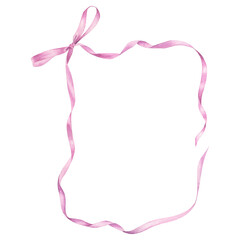 Rectangular ribbon frame with a bow in pink color. Hand drawn watercolor illustration of curly satin stripe on isolated background. Perfect for elegant wedding or birthday invitations or cards.