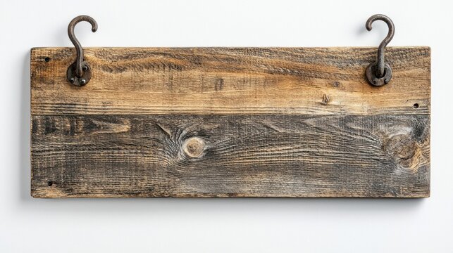 Hanging wooden sign with visible wood grain and weathered hooks on white background.