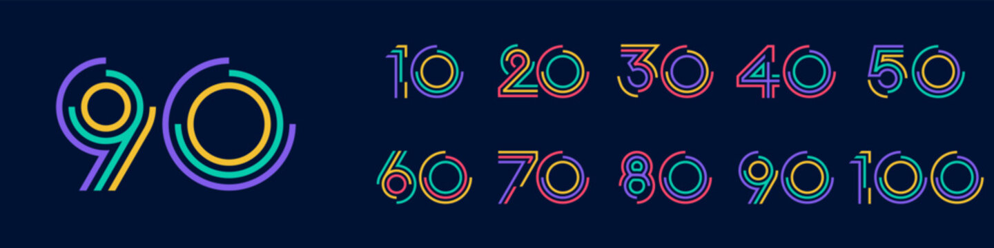 collection anniversary 10 to 100 year logo designs. abstract number for celebration event, wedding, greeting card, and invitation, vector illustration