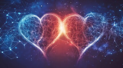 Two glowing hearts, cosmic background, love, connection, Valentine's Day