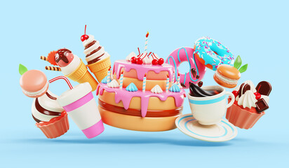 Pink 3d birthday cake with candles render. Realistic holiday banner with sweet desserts - cupcake, donut, macaron, ice cream, drink on blue background for b-day and anniversary party. 3D illustration