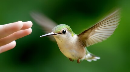 Fototapeta premium Hummingbird Flying Near Hand Detailed Close-up