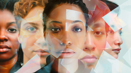 A digital composite image showing multiple overlapping faces of diverse people against a backdrop of binary code and tech elements, symbolizing the intersection of humanity and technology.