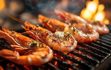 Grilled Shrimp on BBQ Grill with Smoke and Flames for Delicious Seafood Dish, Gourmet Cooking, Brightly Colored Plate, Outdoor Dining Experience