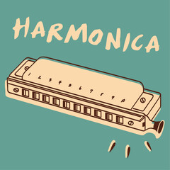 Vintage illustration of a mouth organ (harmonica) in retro style. Detailed drawing perfect for music, nostalgia, and instrument-themed designs